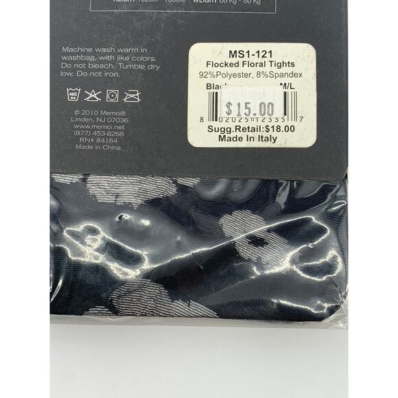 MEMOI Women's Black Floral Flocked Knit Pull-On Tights SZ M/L - Picture 6 of 8